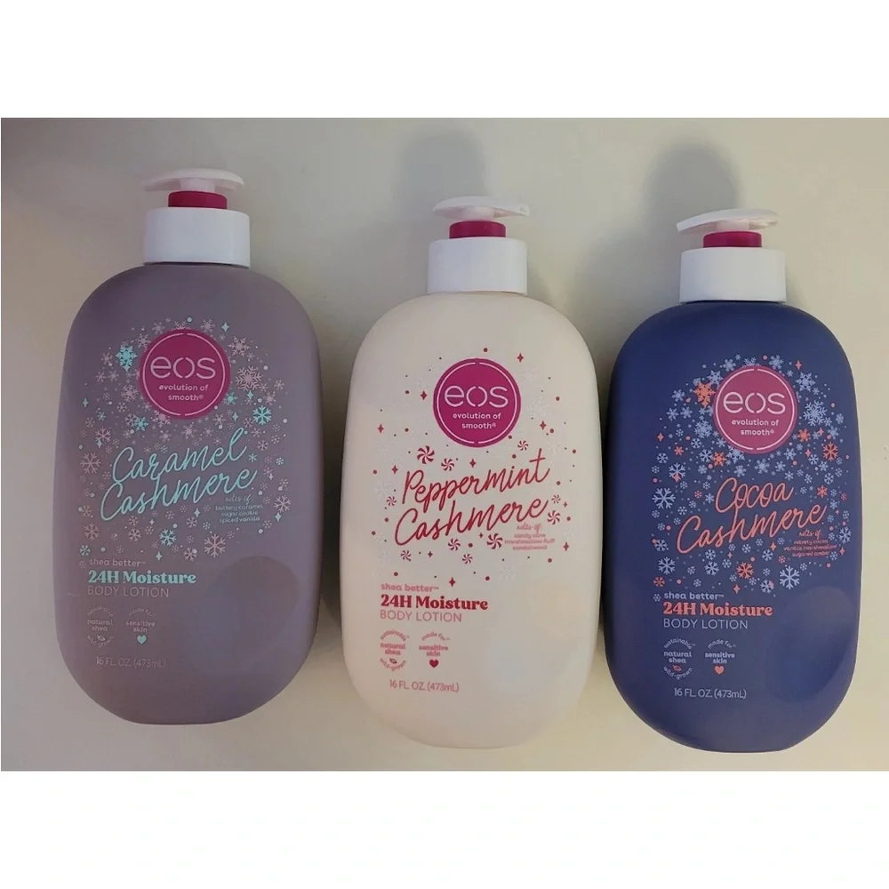 EOS Limited Holiday Body Lotion Peppermint Caramel Cocoa Cashmere Set Of 3 HTF